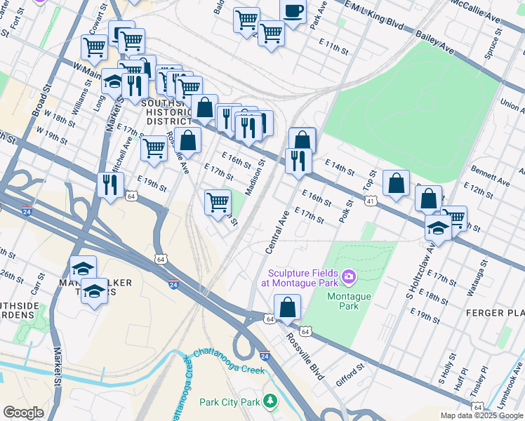 map of restaurants, bars, coffee shops, grocery stores, and more near 1845 Central Avenue in Chattanooga