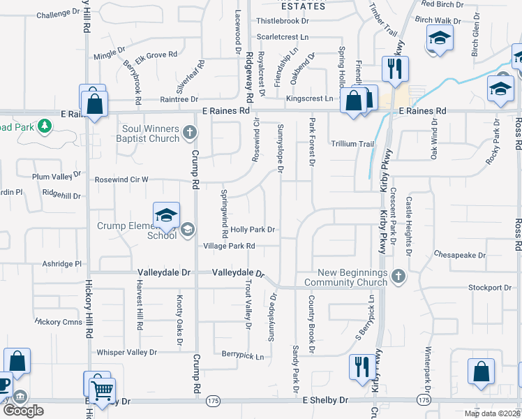 map of restaurants, bars, coffee shops, grocery stores, and more near 4361 Deergrove Road in Memphis