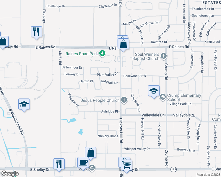 map of restaurants, bars, coffee shops, grocery stores, and more near 5869 Jardin Place in Memphis
