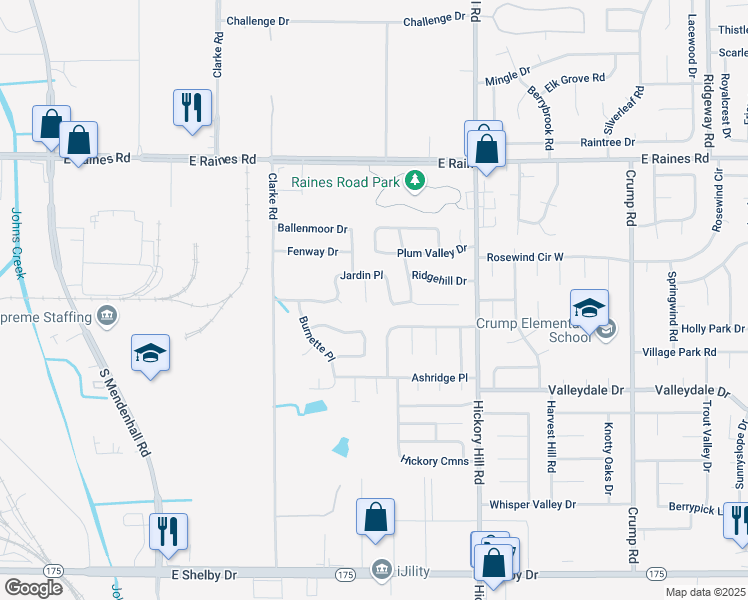 map of restaurants, bars, coffee shops, grocery stores, and more near 4354 Cary Hill Cove in Memphis