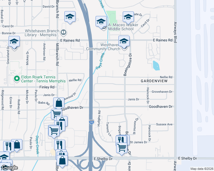 map of restaurants, bars, coffee shops, grocery stores, and more near 1914 Grovehaven Drive in Memphis