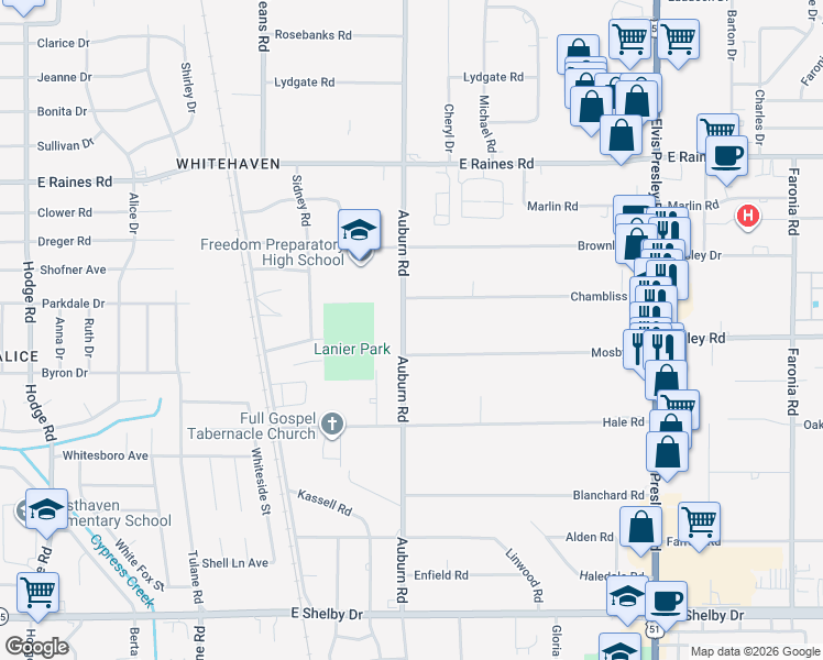 map of restaurants, bars, coffee shops, grocery stores, and more near 884 Mosby Road in Memphis