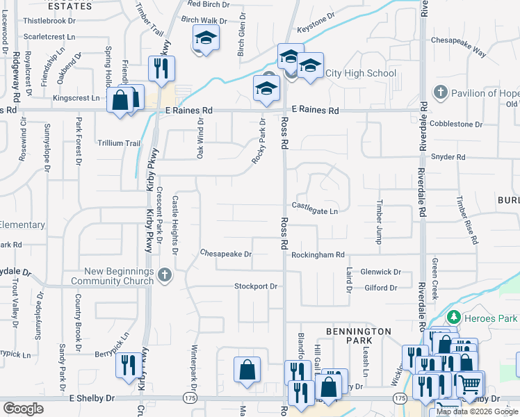 map of restaurants, bars, coffee shops, grocery stores, and more near 6655 Elkgate in Memphis