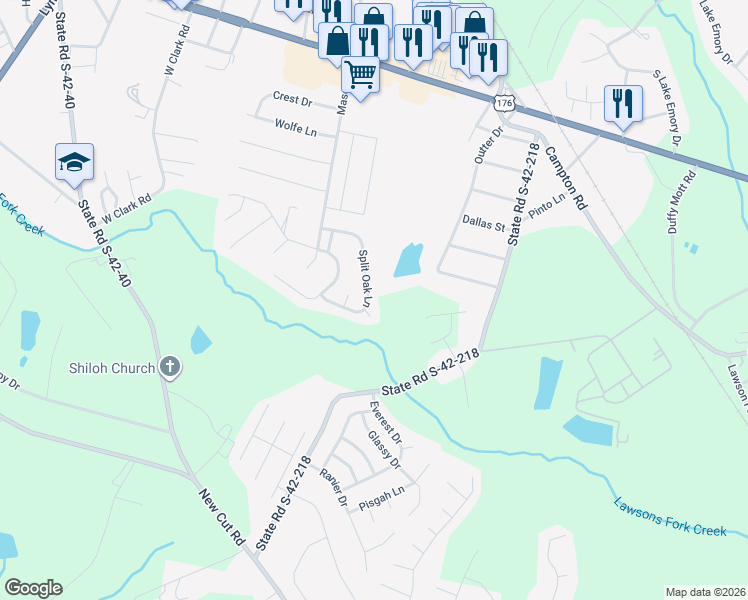 map of restaurants, bars, coffee shops, grocery stores, and more near 715 Sandy Creek Way in Inman