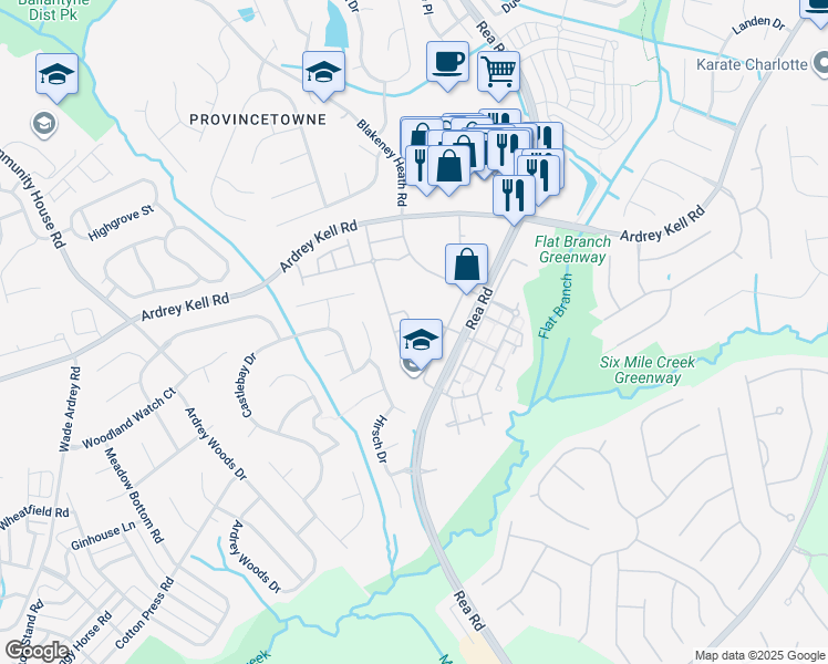 map of restaurants, bars, coffee shops, grocery stores, and more near 8926 Kirkley View Court in Charlotte
