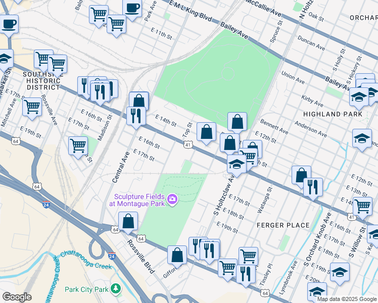 map of restaurants, bars, coffee shops, grocery stores, and more near 1038 East Main Street in Chattanooga