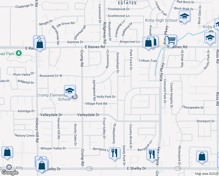 map of restaurants, bars, coffee shops, grocery stores, and more near 4343 Deergrove Road in Memphis