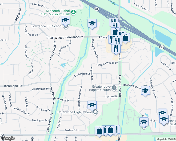 map of restaurants, bars, coffee shops, grocery stores, and more near 7857 Brad Forrest Cove in Memphis