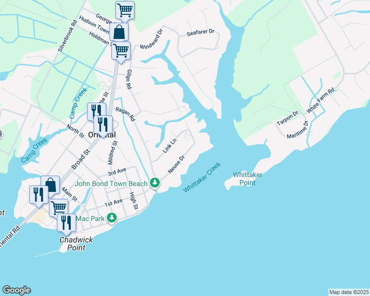 map of restaurants, bars, coffee shops, grocery stores, and more near 1121 Neuse Drive in Oriental