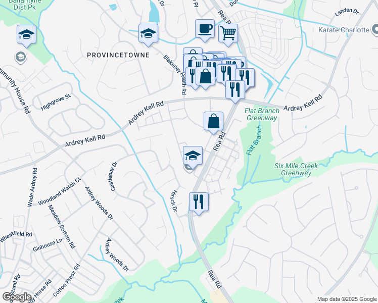 map of restaurants, bars, coffee shops, grocery stores, and more near 8926 Kirkley View Court in Charlotte
