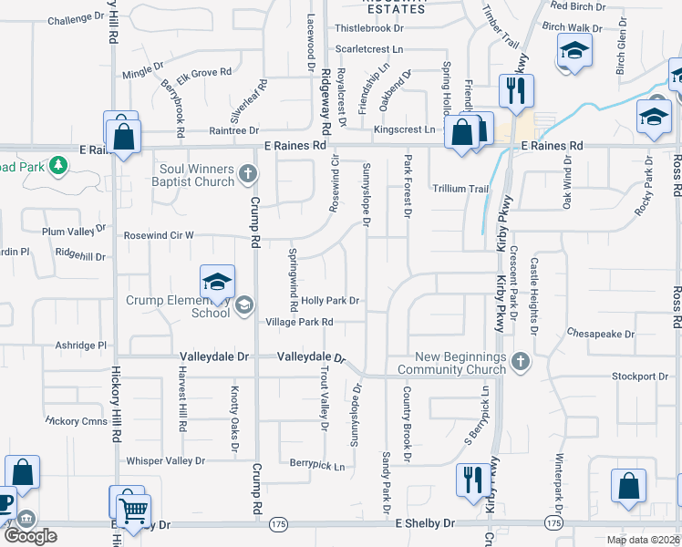 map of restaurants, bars, coffee shops, grocery stores, and more near 4361 Deergrove Road in Memphis