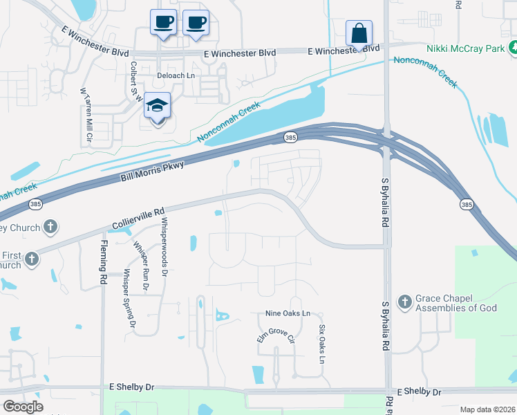 map of restaurants, bars, coffee shops, grocery stores, and more near 934 Cypress Run Drive in Collierville