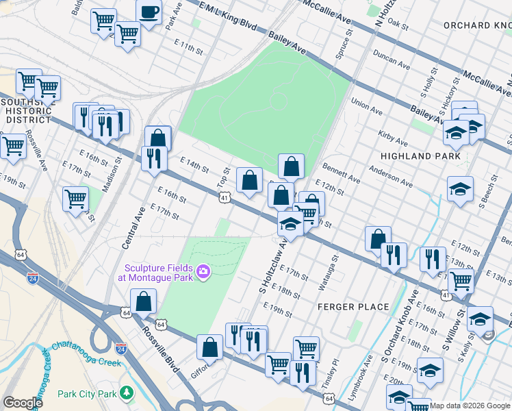 map of restaurants, bars, coffee shops, grocery stores, and more near in Chattanooga