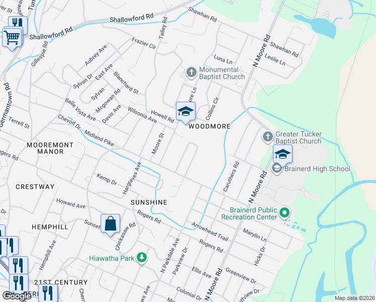 map of restaurants, bars, coffee shops, grocery stores, and more near 745 East Henderson Drive in Chattanooga