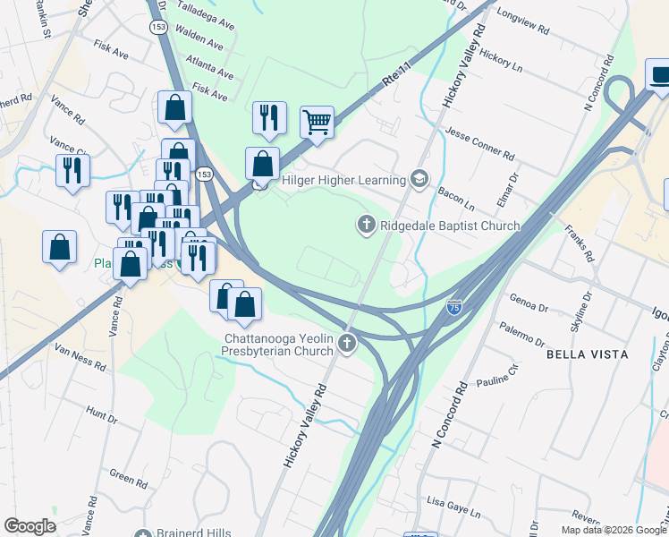 map of restaurants, bars, coffee shops, grocery stores, and more near 6634 Hickory Manor Circle in Chattanooga