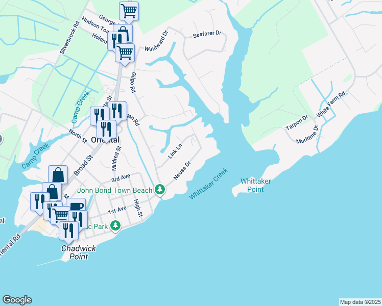 map of restaurants, bars, coffee shops, grocery stores, and more near 1121 Neuse Drive in Oriental