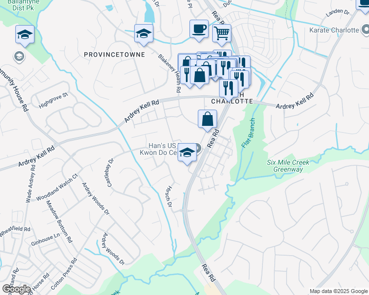 map of restaurants, bars, coffee shops, grocery stores, and more near 10345 Blakeney Preserve Drive in Charlotte