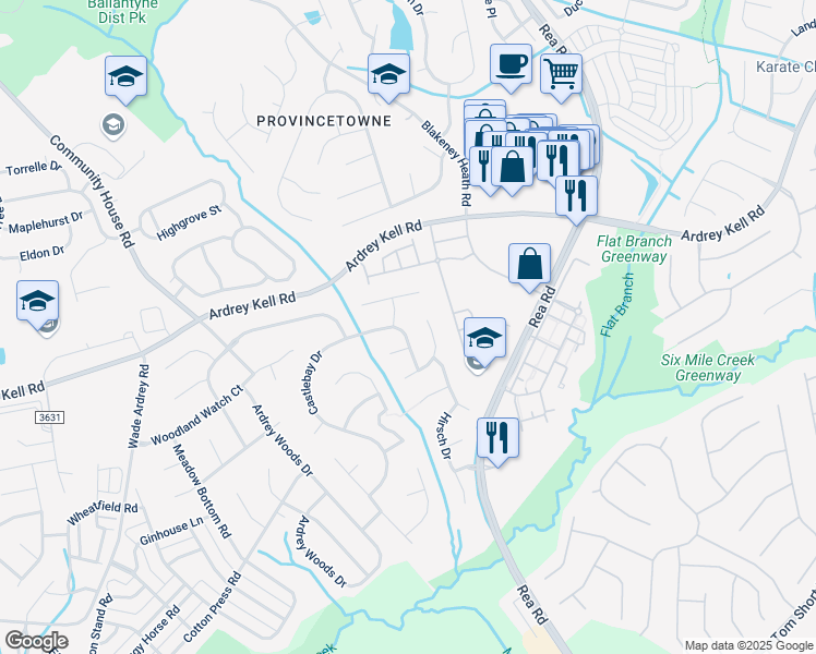 map of restaurants, bars, coffee shops, grocery stores, and more near 8421 Earlham Court in Charlotte