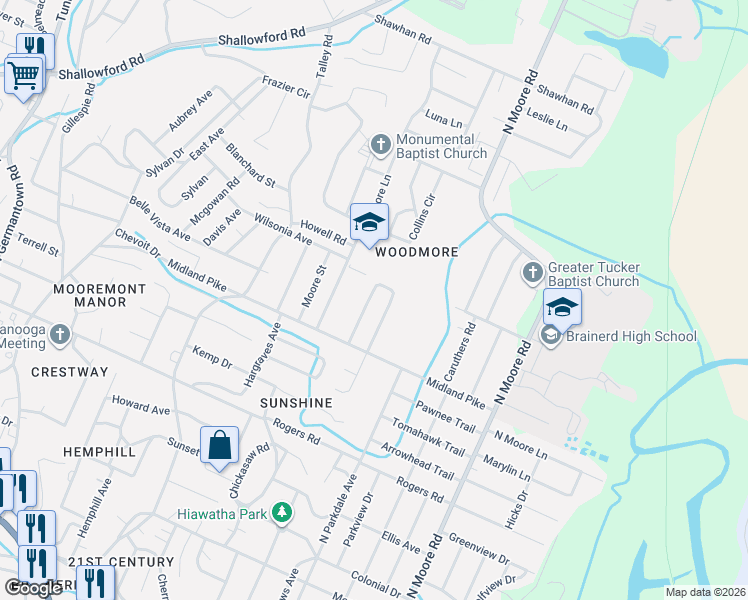 map of restaurants, bars, coffee shops, grocery stores, and more near 745 East Henderson Drive in Chattanooga