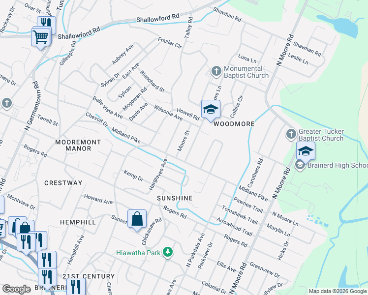 map of restaurants, bars, coffee shops, grocery stores, and more near 703 Woodmore Lane in Chattanooga