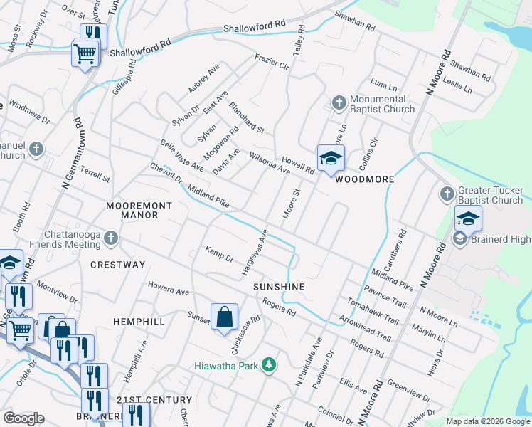 map of restaurants, bars, coffee shops, grocery stores, and more near 700 Hargraves Avenue in Chattanooga