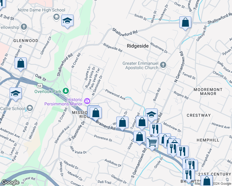 map of restaurants, bars, coffee shops, grocery stores, and more near 3315 Pinewood Terrace in Chattanooga