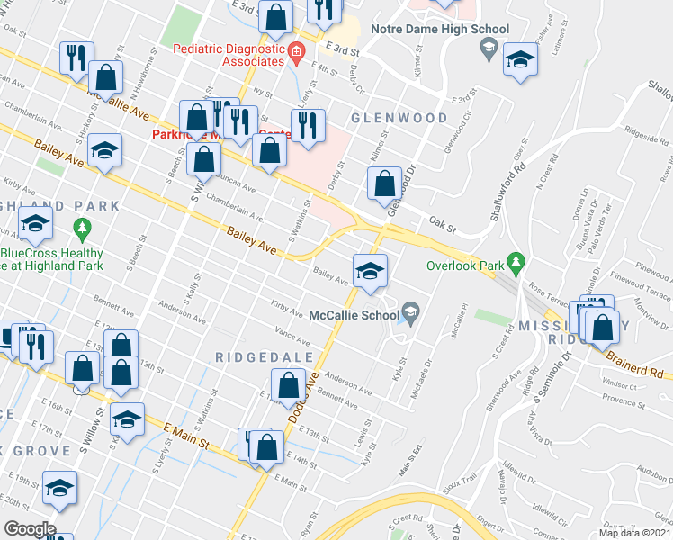 map of restaurants, bars, coffee shops, grocery stores, and more near 2518 Bailey Avenue in Chattanooga
