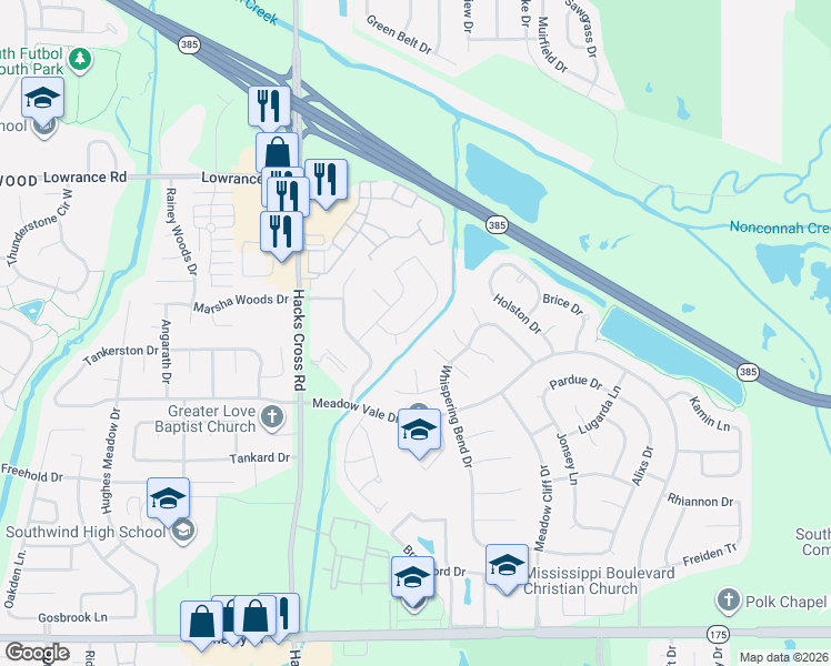 map of restaurants, bars, coffee shops, grocery stores, and more near 4369 Cross Creek Cove in Memphis