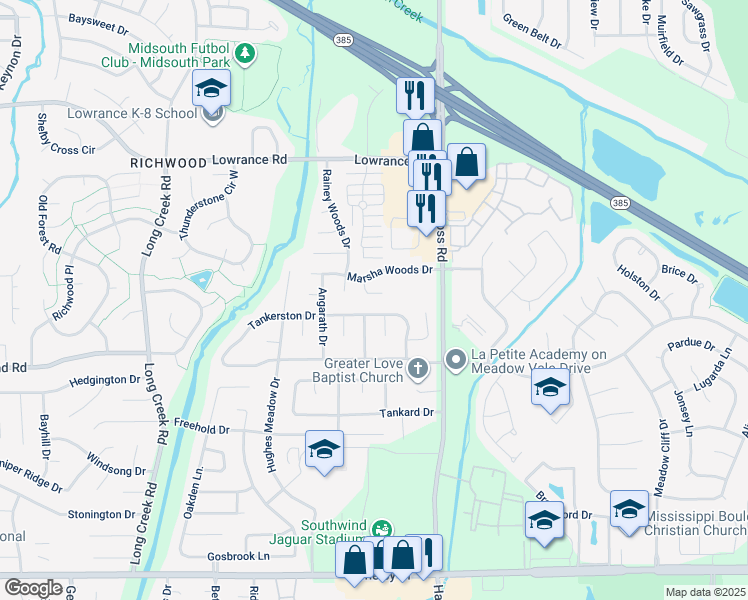map of restaurants, bars, coffee shops, grocery stores, and more near 4341 Barry Meadows Cove in Memphis