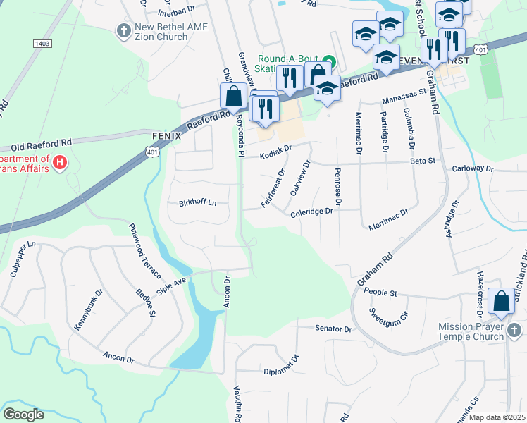 map of restaurants, bars, coffee shops, grocery stores, and more near 1987 Fairforest Drive in Fayetteville