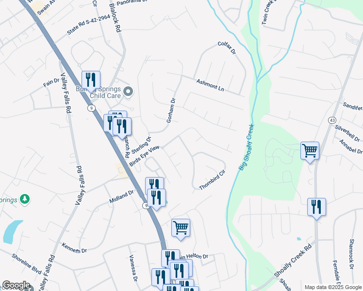 map of restaurants, bars, coffee shops, grocery stores, and more near 644 Thornbird Circle in Boiling Springs