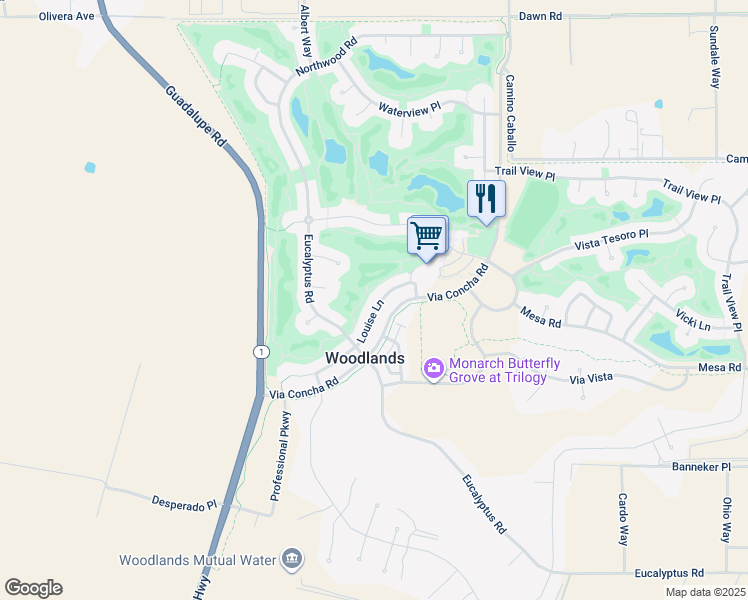 map of restaurants, bars, coffee shops, grocery stores, and more near 1702 Louise Lane in Nipomo