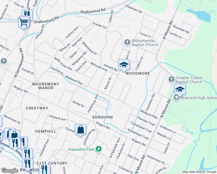 map of restaurants, bars, coffee shops, grocery stores, and more near 703 Woodmore Lane in Chattanooga