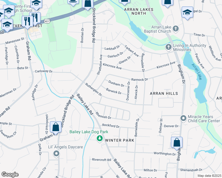 map of restaurants, bars, coffee shops, grocery stores, and more near 6418 Barwick Drive in Fayetteville