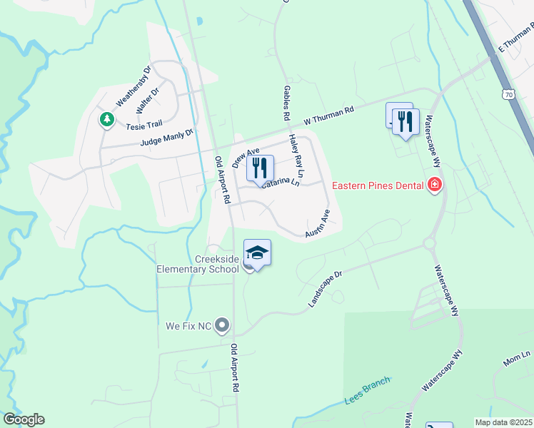 map of restaurants, bars, coffee shops, grocery stores, and more near 3201 Macy Court in New Bern