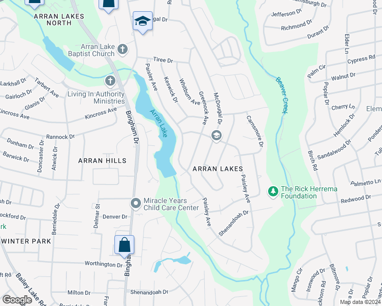map of restaurants, bars, coffee shops, grocery stores, and more near 1524 Greenock Avenue in Fayetteville