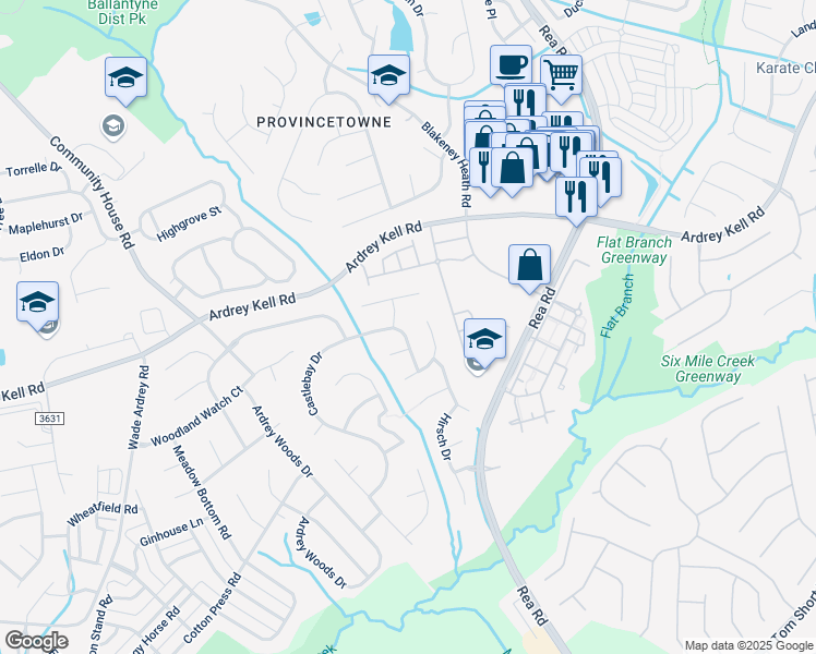map of restaurants, bars, coffee shops, grocery stores, and more near 8421 Earlham Court in Charlotte