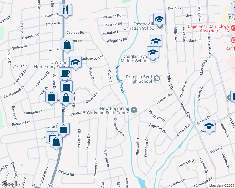 map of restaurants, bars, coffee shops, grocery stores, and more near 1108-1110 Odom Drive in Fayetteville