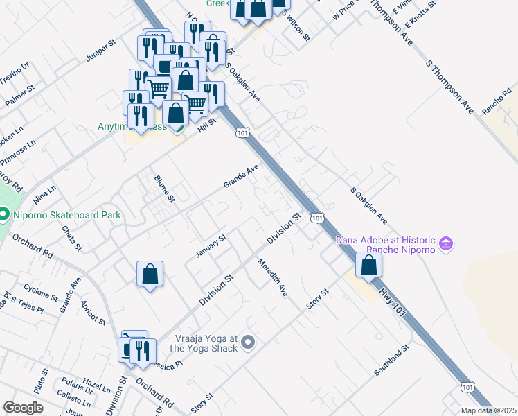map of restaurants, bars, coffee shops, grocery stores, and more near 562 Division Street in Nipomo