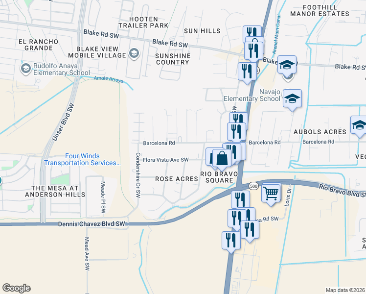 map of restaurants, bars, coffee shops, grocery stores, and more near 3901 Flora Vista Avenue Southwest in Albuquerque