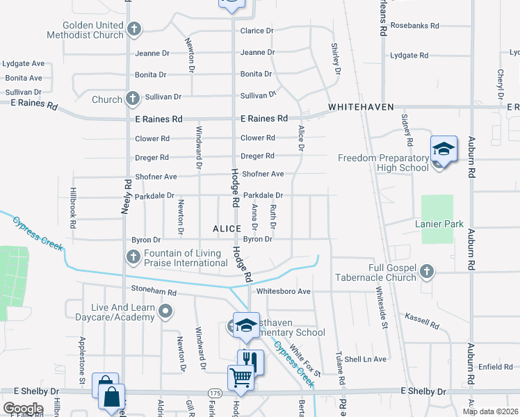 map of restaurants, bars, coffee shops, grocery stores, and more near 4366 Anna Drive in Memphis