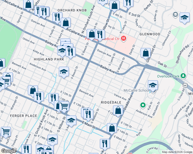 map of restaurants, bars, coffee shops, grocery stores, and more near 2210 Kirby Avenue in Chattanooga