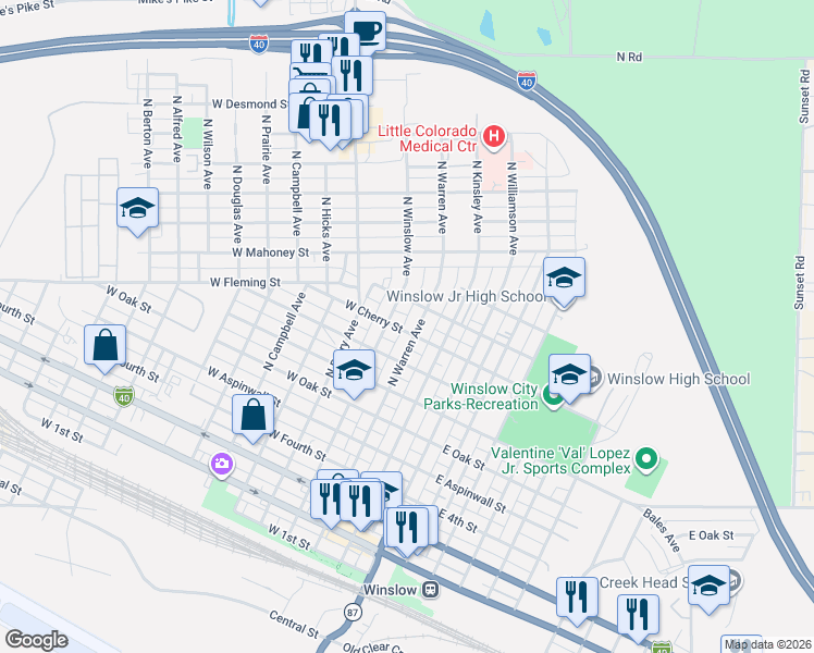 map of restaurants, bars, coffee shops, grocery stores, and more near 818 North Warren Avenue in Winslow