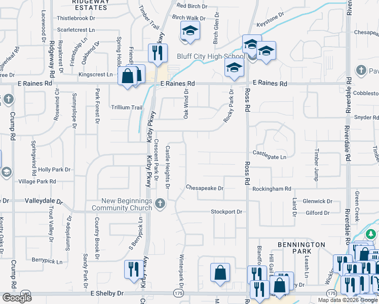 map of restaurants, bars, coffee shops, grocery stores, and more near 6530 Castle Oak Cove in Memphis