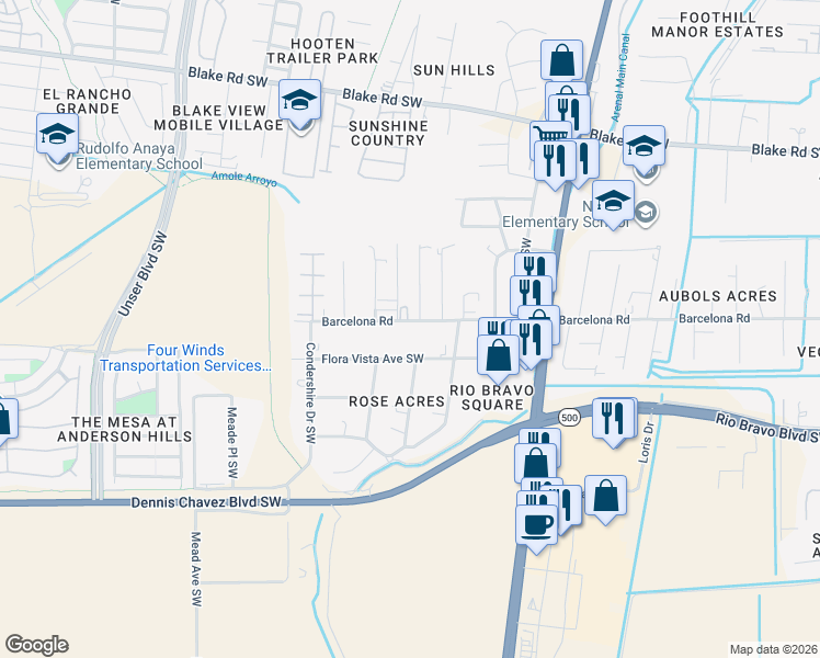 map of restaurants, bars, coffee shops, grocery stores, and more near 3901 Flora Vista Avenue Southwest in Albuquerque