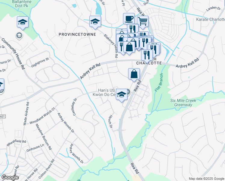 map of restaurants, bars, coffee shops, grocery stores, and more near 8506 Albury Walk Lane in Charlotte