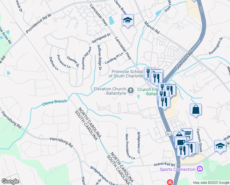 map of restaurants, bars, coffee shops, grocery stores, and more near 17117 Red Feather Drive in Charlotte