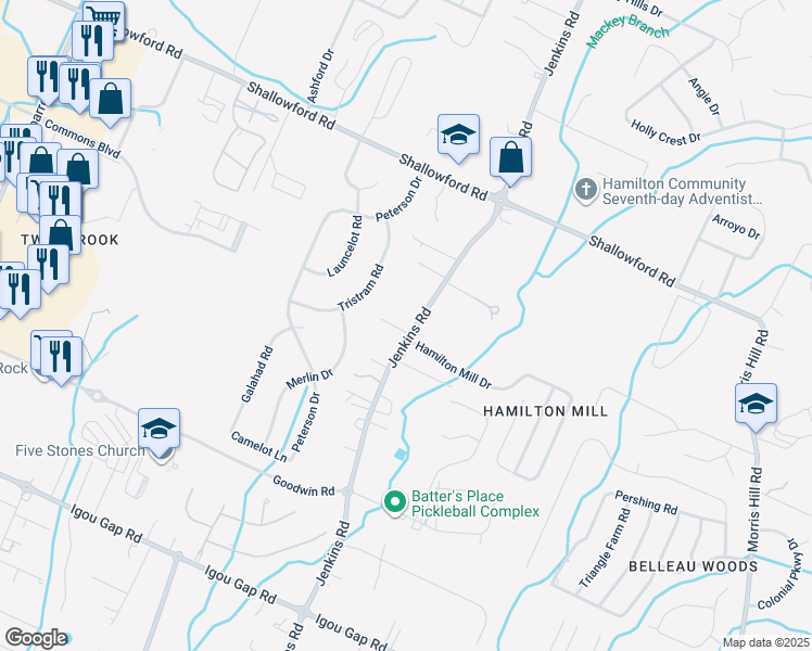 map of restaurants, bars, coffee shops, grocery stores, and more near 7900 Hamilton Mill Drive in Chattanooga