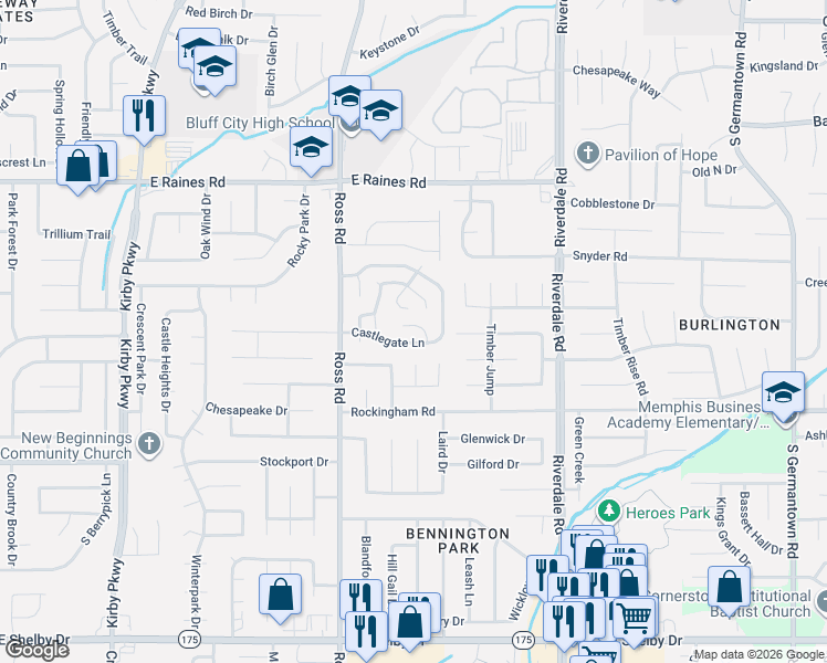 map of restaurants, bars, coffee shops, grocery stores, and more near 6801 Castlegate Lane in Memphis