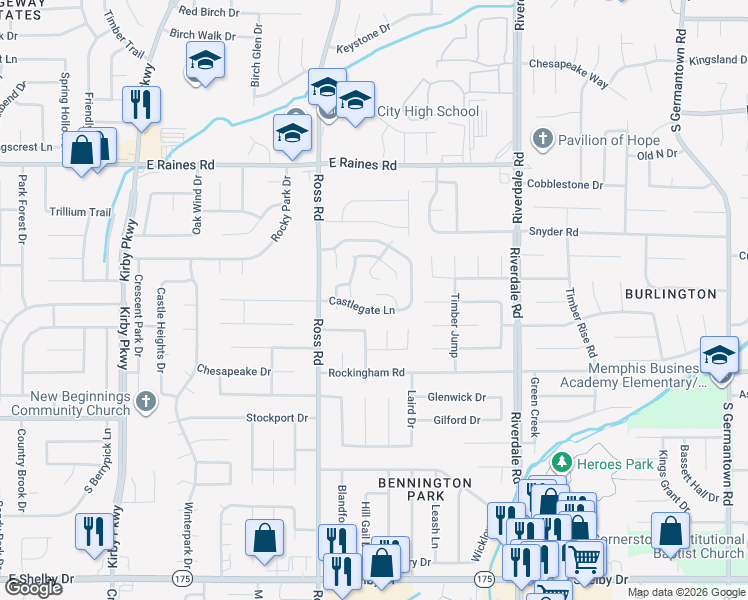 map of restaurants, bars, coffee shops, grocery stores, and more near 6758 Valley Bend Drive in Memphis